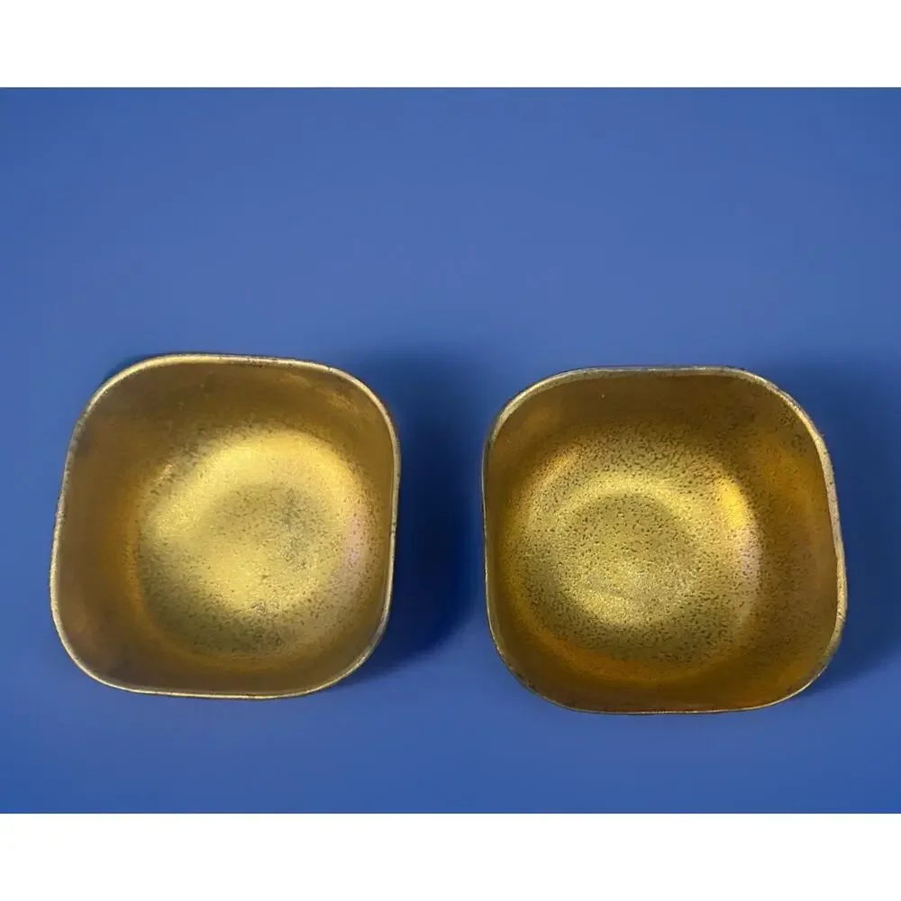 2 Kotobuki Pottery Japan Rounded Square Miso Broth Bowls Gilt w/ Brown Exterior